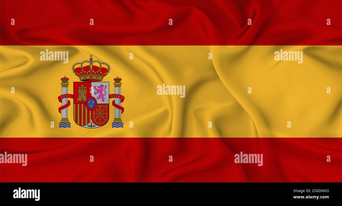 Agitant réaliste le drapeau espagnol. Gros plan du drapeau de l'Espagne avec texture de tissu Banque D'Images