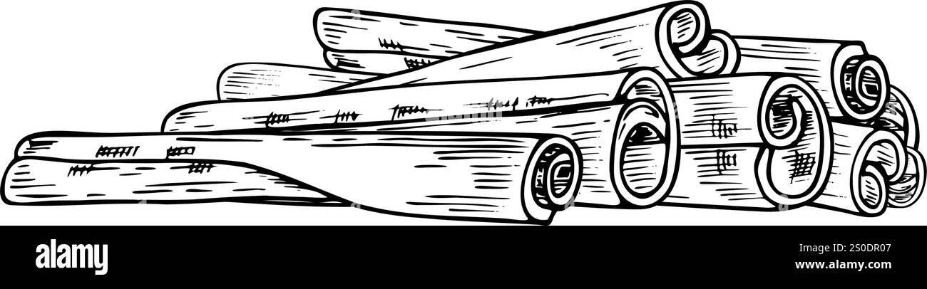 Illustration vectorielle de pile de bâtons de cannelle monochromes en noir et blanc. Assaisonnement ingrédients illustration dessin de gravure. Gabarit pour l'hiver Illustration de Vecteur