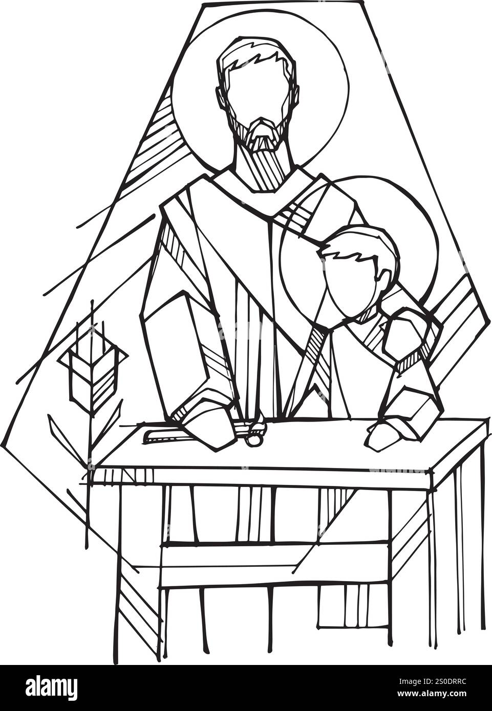 Illustration vectorielle dessinée à la main ou dessin des silhouettes de Saint Joseph et enfant Jésus dans un magasin de charpentier Illustration de Vecteur Illustration vectorielle dessinée à la main ou dessin des silhouettes de Saint Joseph et enfant Jésus dans un magasin de charpentier Illustration de Vecteur