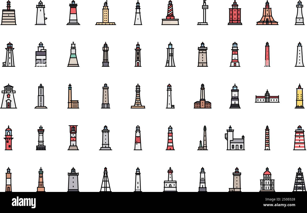 Icônes de phare Collection d'icônes vectorielles de haute qualité avec Stroke modifiable. Idéal pour les projets professionnels et créatifs. Illustration de Vecteur
