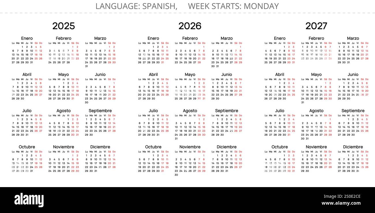 2025, 2026, 2027 calendriers annuels espagnols. Ensemble d'illustration vectorielle simple pour l'Espagne - Espanol Calendario Illustration de Vecteur