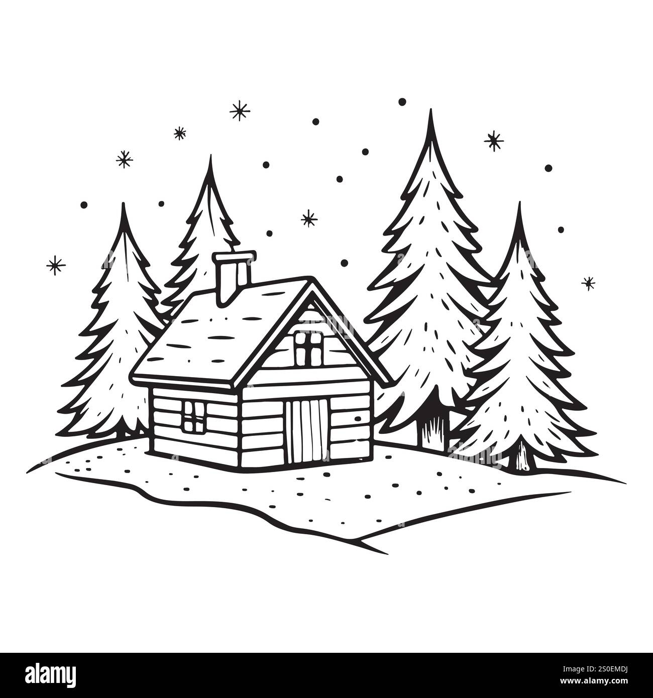 Vector main dessinée montagne d'hiver maison woodman. Scène de randonnée hivernale Illustration de Vecteur
