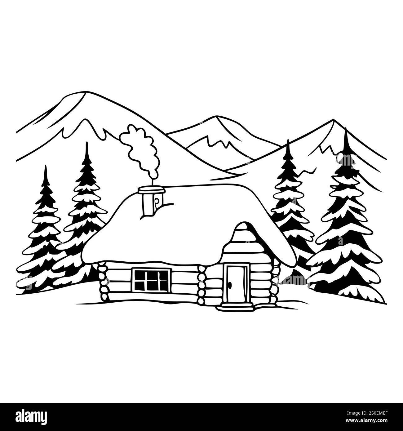 Vector main dessinée montagne d'hiver maison woodman. Scène de randonnée hivernale Illustration de Vecteur