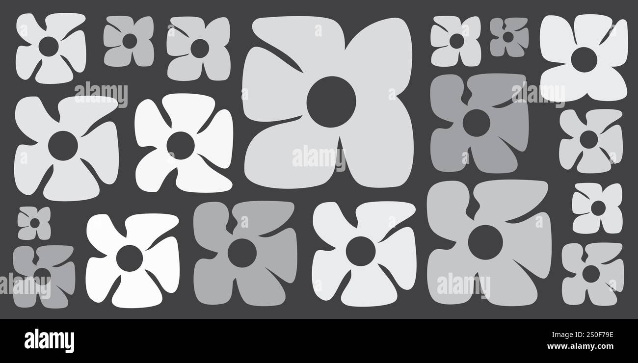 Fleurs de style rétro simple de différentes tailles motif - été ou thème d'espionnage des années 60, 70 - Noir, gris et blanc Bold Vintage texture Design sur D. Illustration de Vecteur