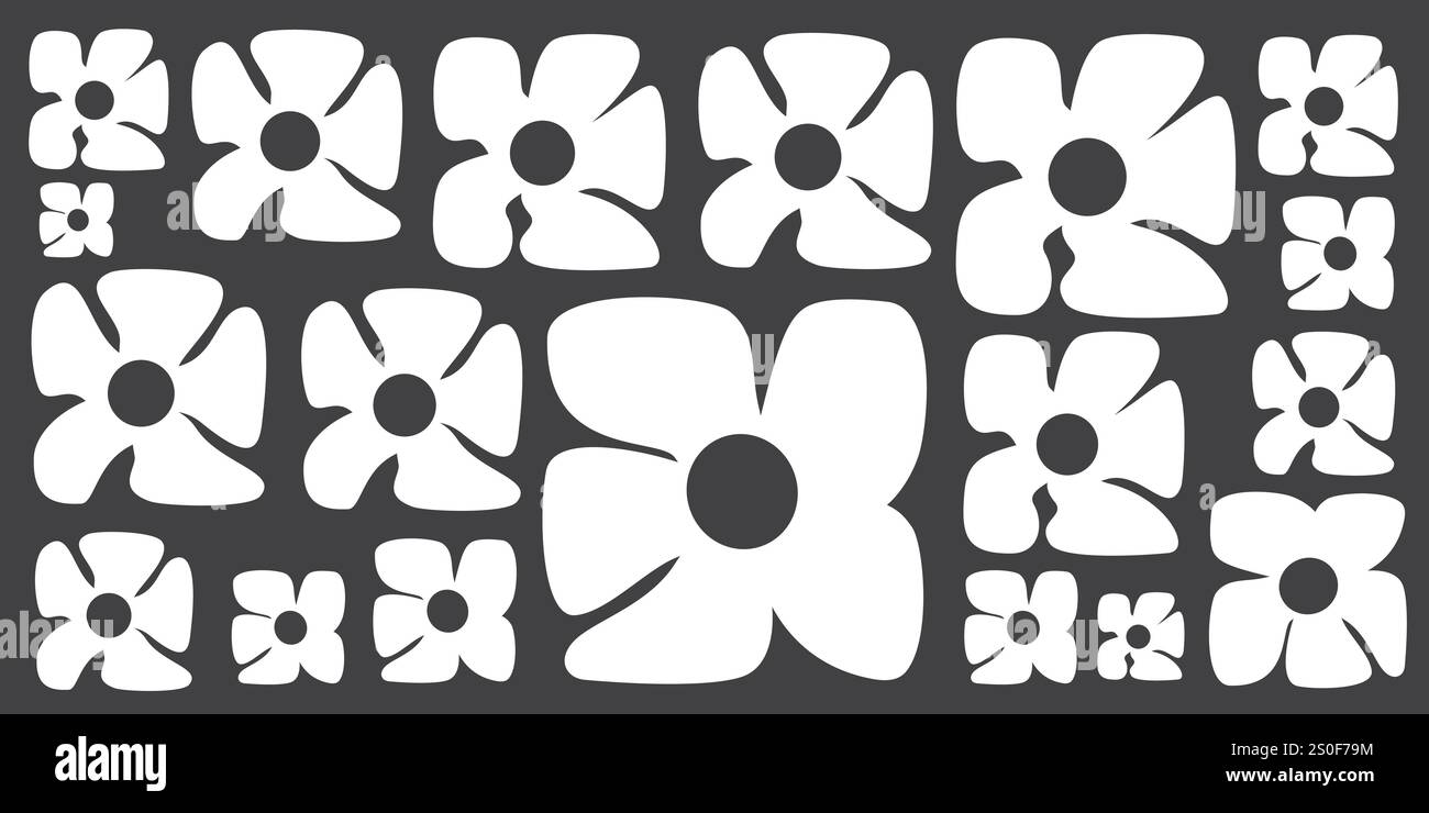 Fleurs de style rétro simple de différentes tailles Pattern - thème d'été ou d'espionnage des années 60, 70 - Noir et blanc gras texture Vintage sur gris foncé Vect Illustration de Vecteur