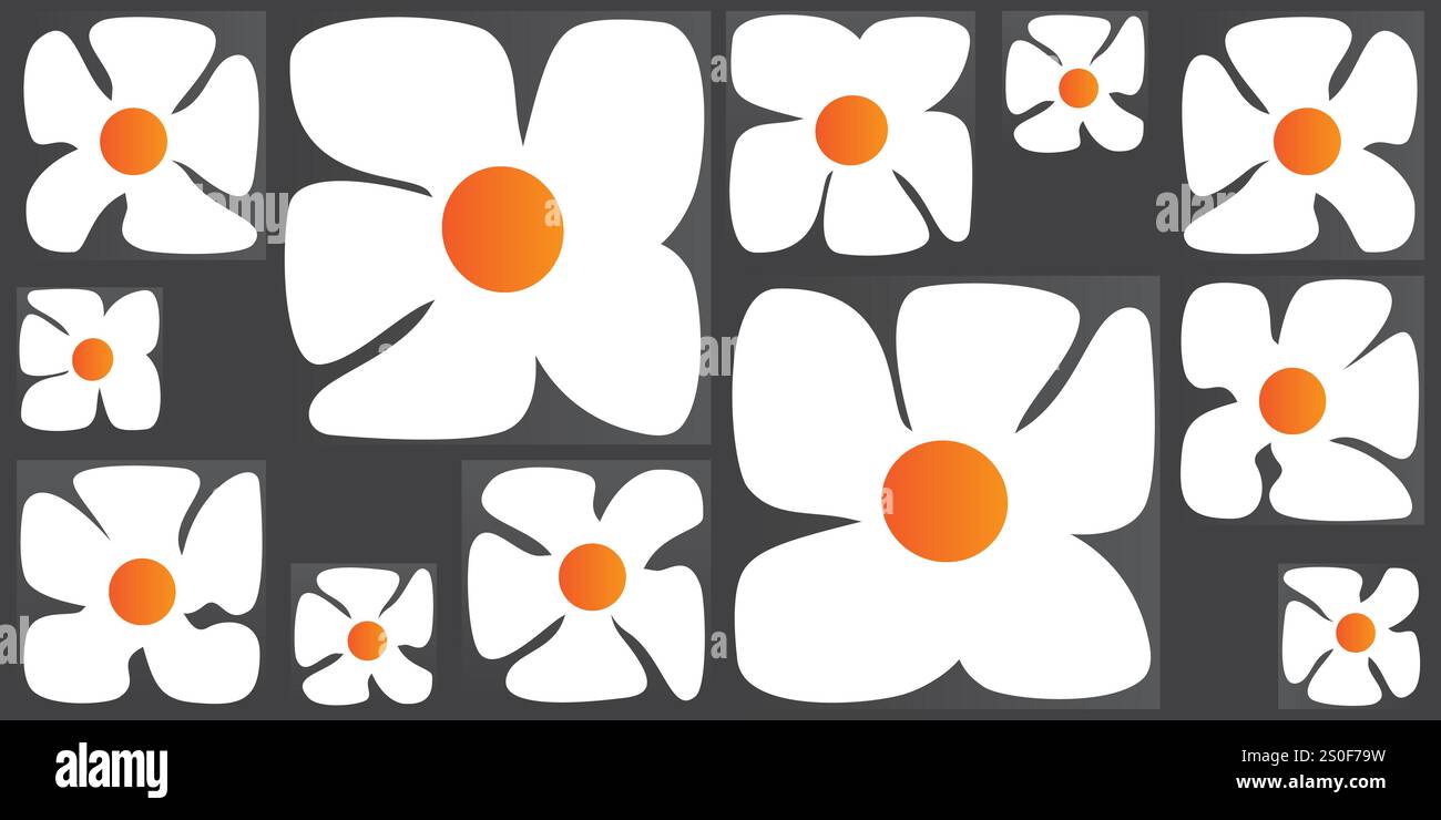 Fleurs simples, de style rétro de différentes tailles motif - été ou thème d'espionnage des années 60, 70 - Blanc et Orange couleur Bold Vintage texture sur sombre Illustration de Vecteur