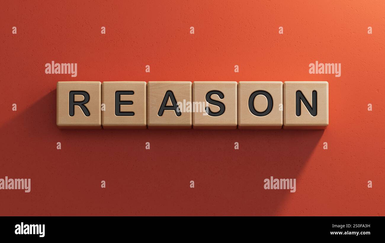Symbole raison. Concept mot raison sur cubes en bois. Concept d'entreprise et de raison. Copier l'espace.gros plan des éléments en bois, Banque D'Images