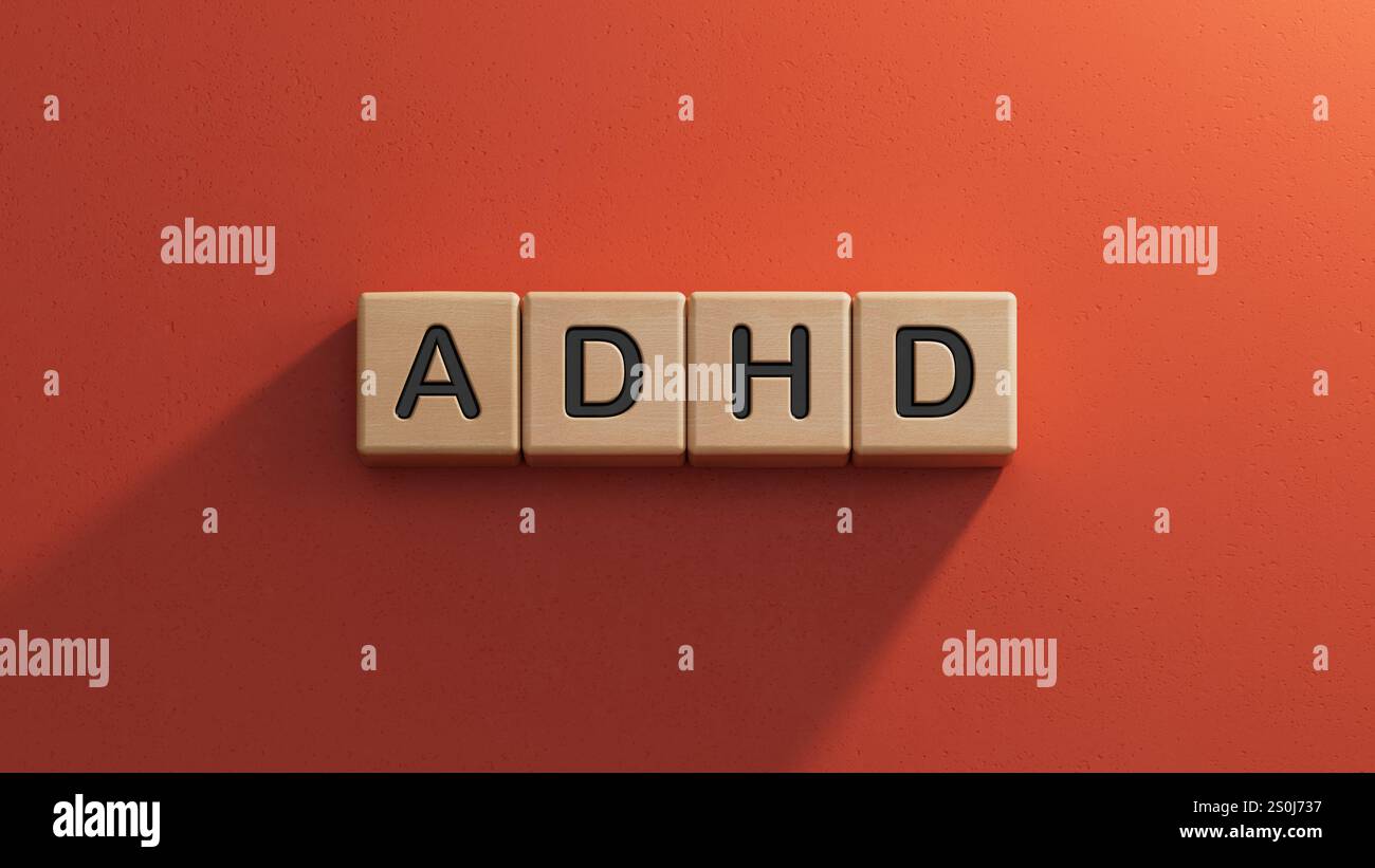 le mot adhd est fait de bois. conception médicale du traitement, de la prévention et des effets secondaires. tdah - abréviation de syndrome d'hyperactivité avec déficit de l'attention. Banque D'Images