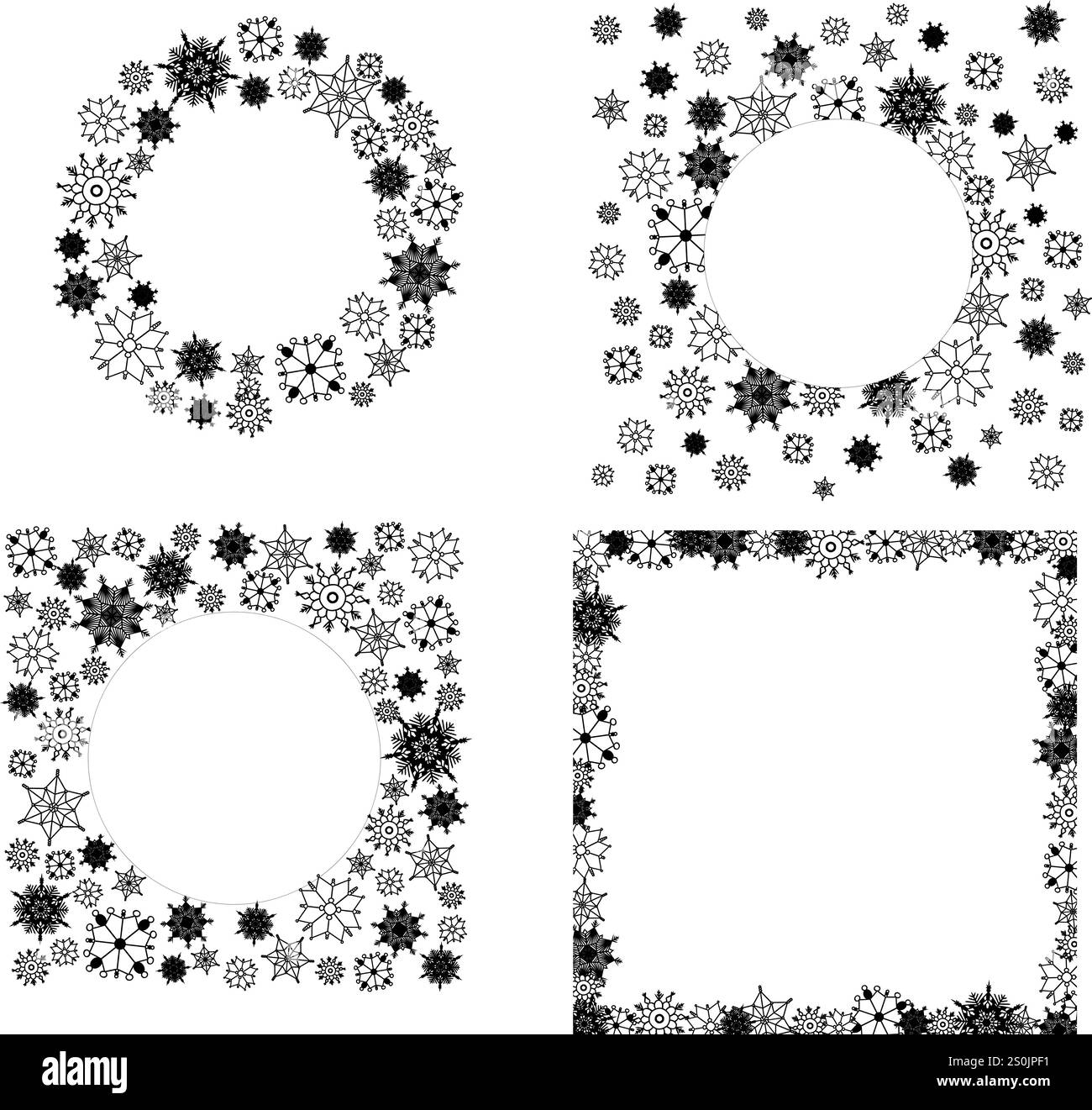 Nouvel an, Noël cadres de neige ronds. Ensemble de arrière-plans abstraits de ligne graphique d'hiver, modèles de bordure avec un espace vide pour le texte. Cercle vectoriel, Rin Illustration de Vecteur