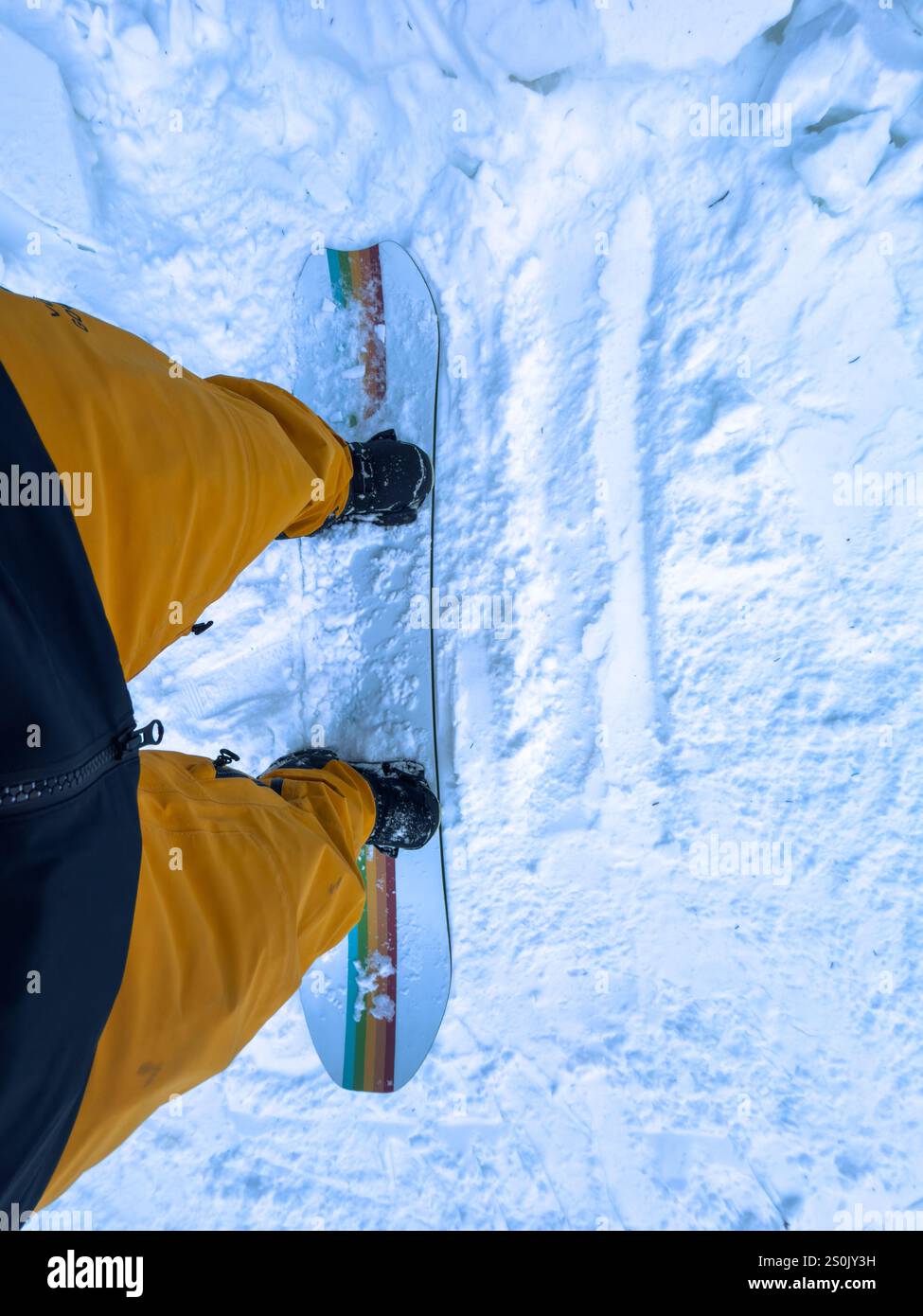 POV Snowboard avec un snowboard coloré sur Fresh Snow Banque D'Images