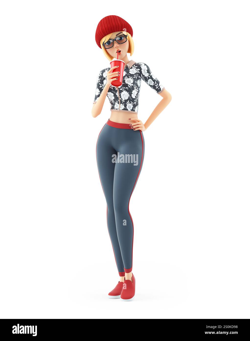fille de mode 3d buvant du soda, illustration isolée sur fond blanc Banque D'Images