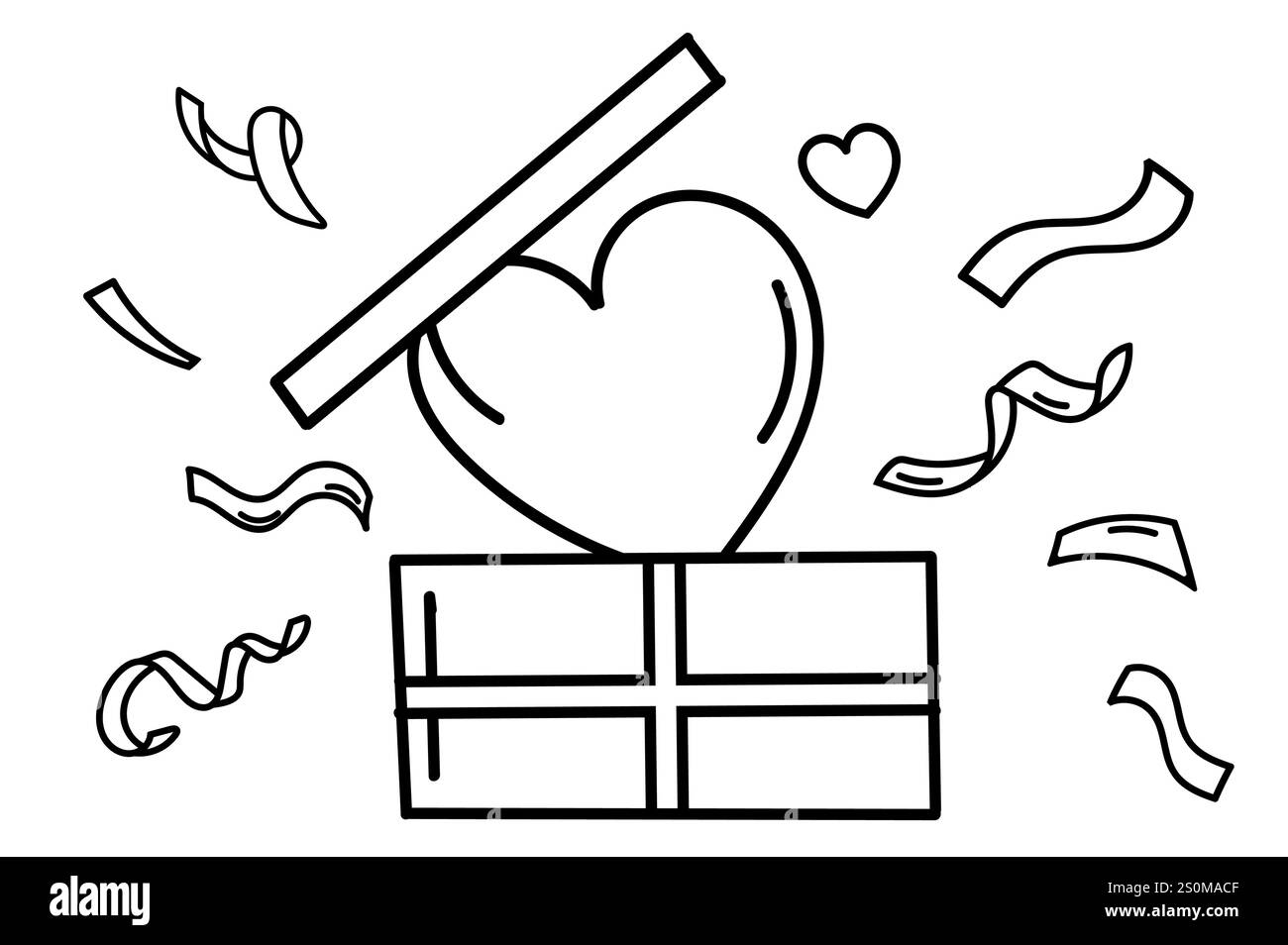 La page de coloriage de la Saint-Valentin comporte Une illustration mignonne d'Une boîte cadeau avec Un coeur à l'intérieur, parfait pour Un livre de coloriage du 14 février Illustration de Vecteur