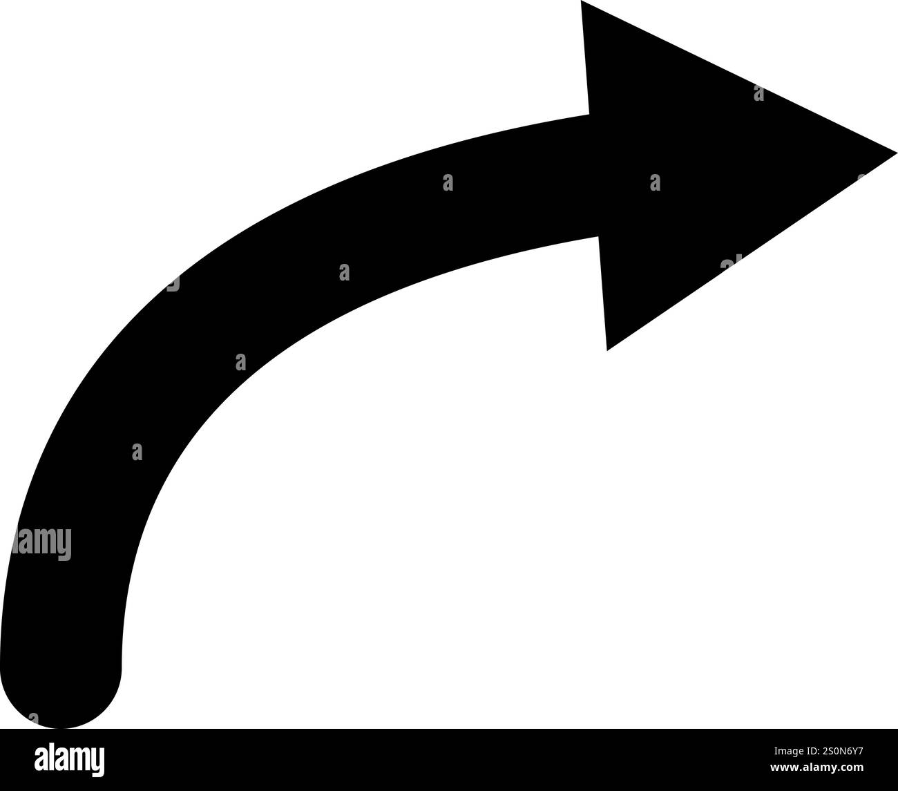 Flèche incurvée noire pointant vers la droite sur un fond blanc propre, symbolisant la direction et le mouvement tout en suggérant des conseils et des progrès Illustration de Vecteur