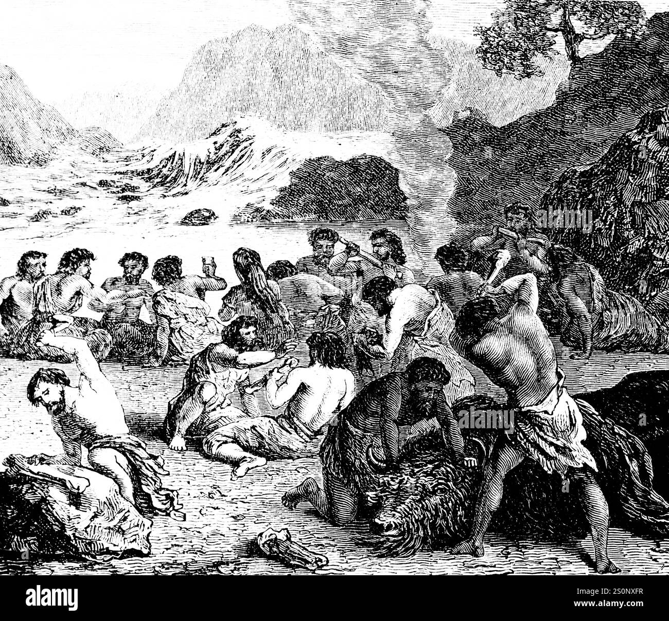 Préhistoriques préparant un repas pour la grande fête, illustration historique 1880 Banque D'Images