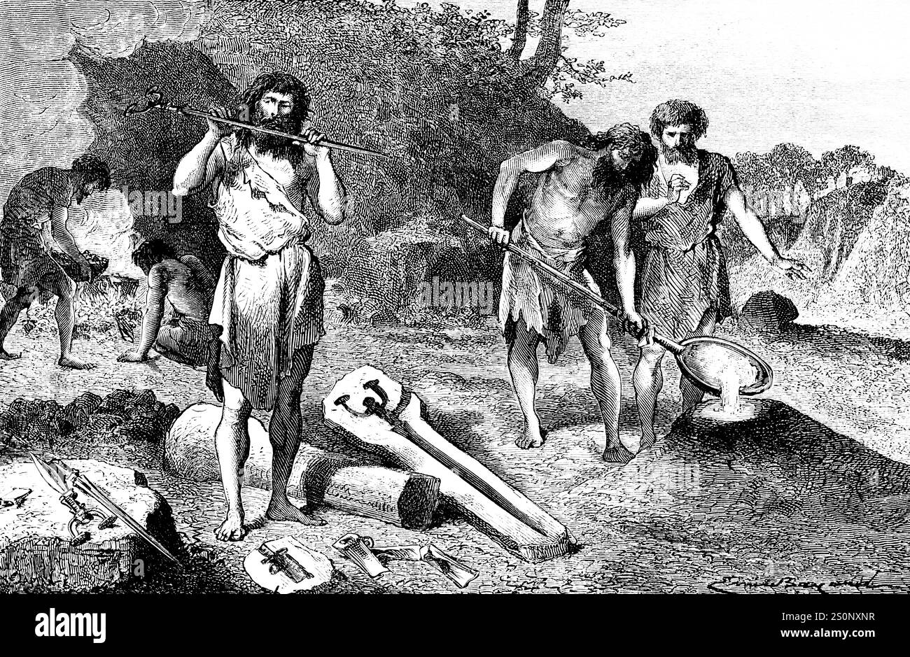 Groupe d'hommes jetant des épées dans le bronze à l'aide d'un moule, âge préhistorique de la broise, peuple européen, âge de bronze, illustration historique 1880 Banque D'Images Groupe d'hommes jetant des épées dans le bronze à l'aide d'un moule, âge préhistorique de la broise, peuple européen, âge de bronze, illustration historique 1880 Banque D'Images
