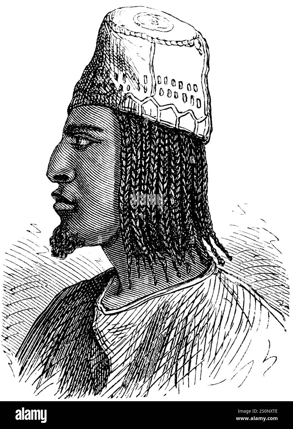 Portrait d'un homme Fulbe, aussi appelé Fula ou Fulani, le nomade Fulbe vit en Afrique de l'Ouest et au Sahara, illustration historique 1880 Banque D'Images