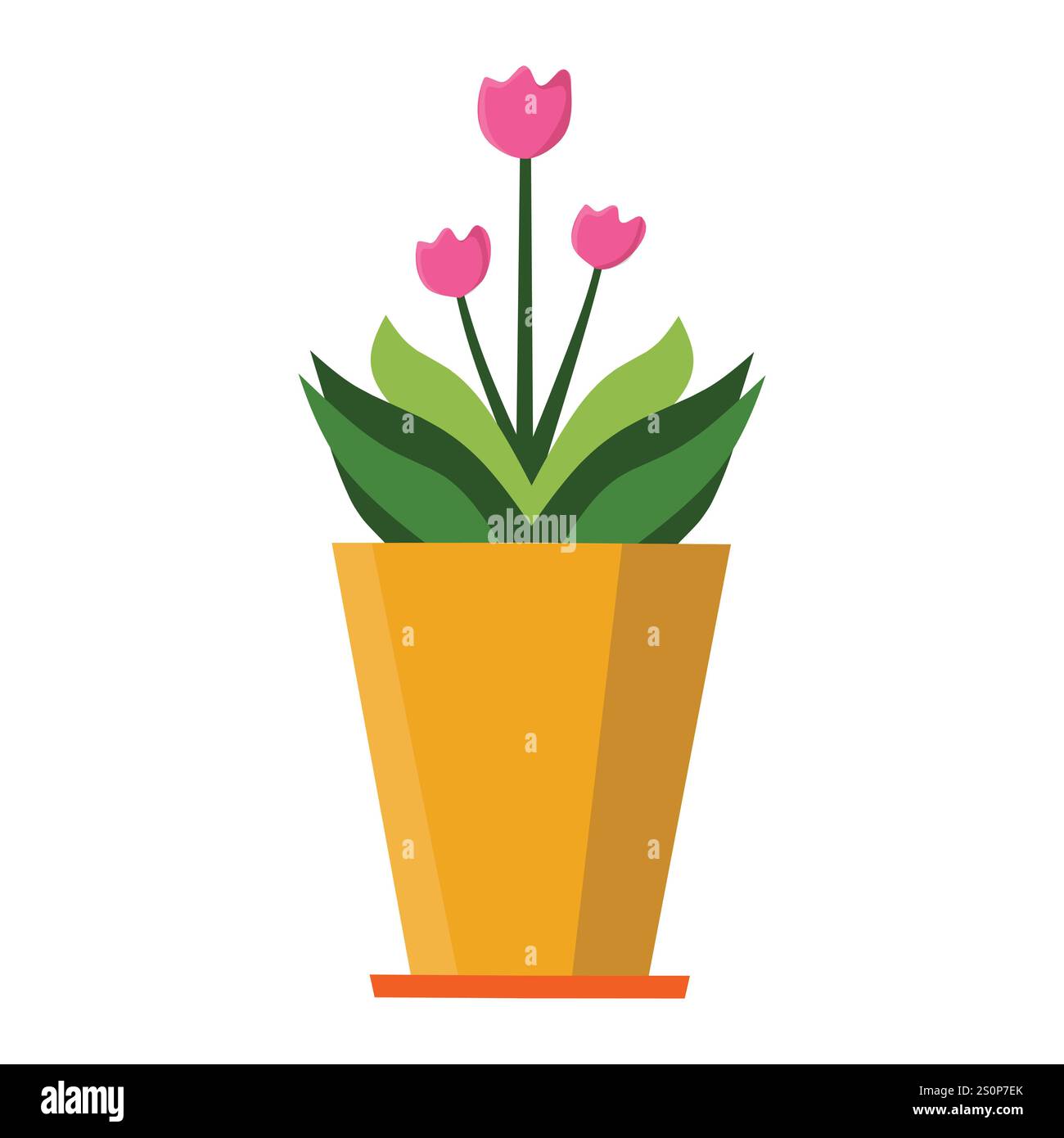 Illustration stylisée d'une plante en pot avec des fleurs roses dans un pot jaune avec une base orange. Des feuilles vertes entourent les fleurs à longue tige Illustration de Vecteur