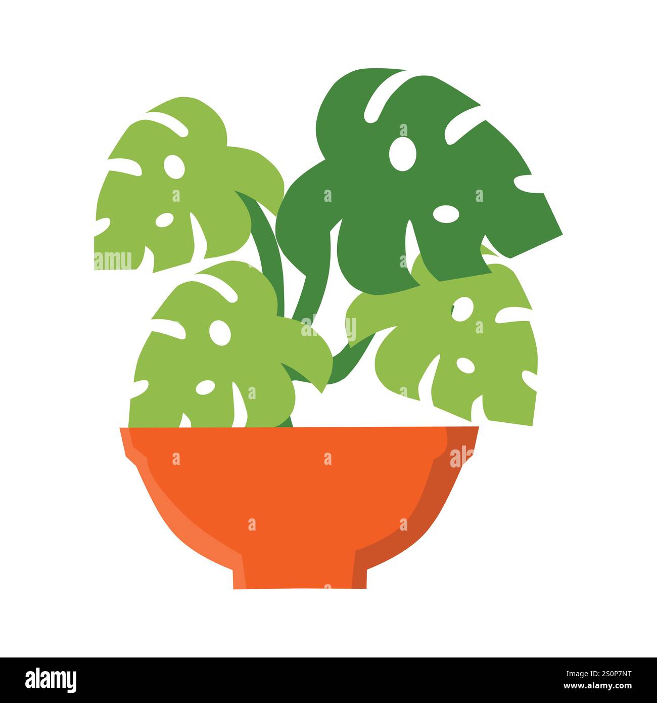 Illustration minimaliste d'une plante Monstera avec de grandes feuilles vertes présentant des trous et des fentes distinctifs, dans un pot orange avec un design géométrique Illustration de Vecteur