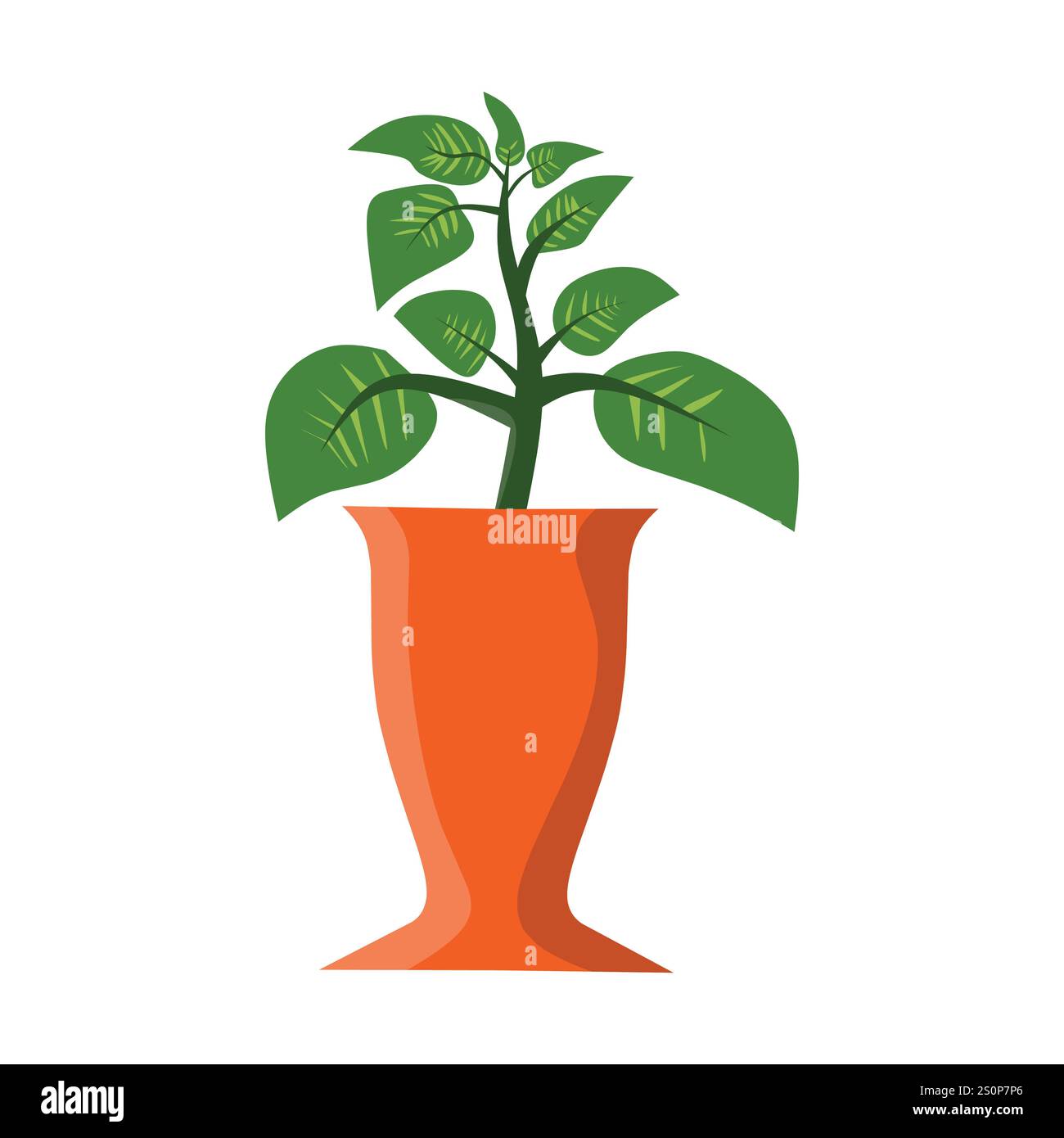 Une illustration minimaliste d'une plante verte avec plusieurs feuilles dans un vase orange. Le vase a une forme unique, légèrement évasée, améliorant la dynamique Illustration de Vecteur
