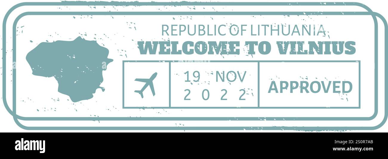 Timbre d'immigration et de douane de Vilnius, Lituanie, accueillant les visiteurs en République de Lituanie, avec un graphique d'avion et la date de Illustration de Vecteur