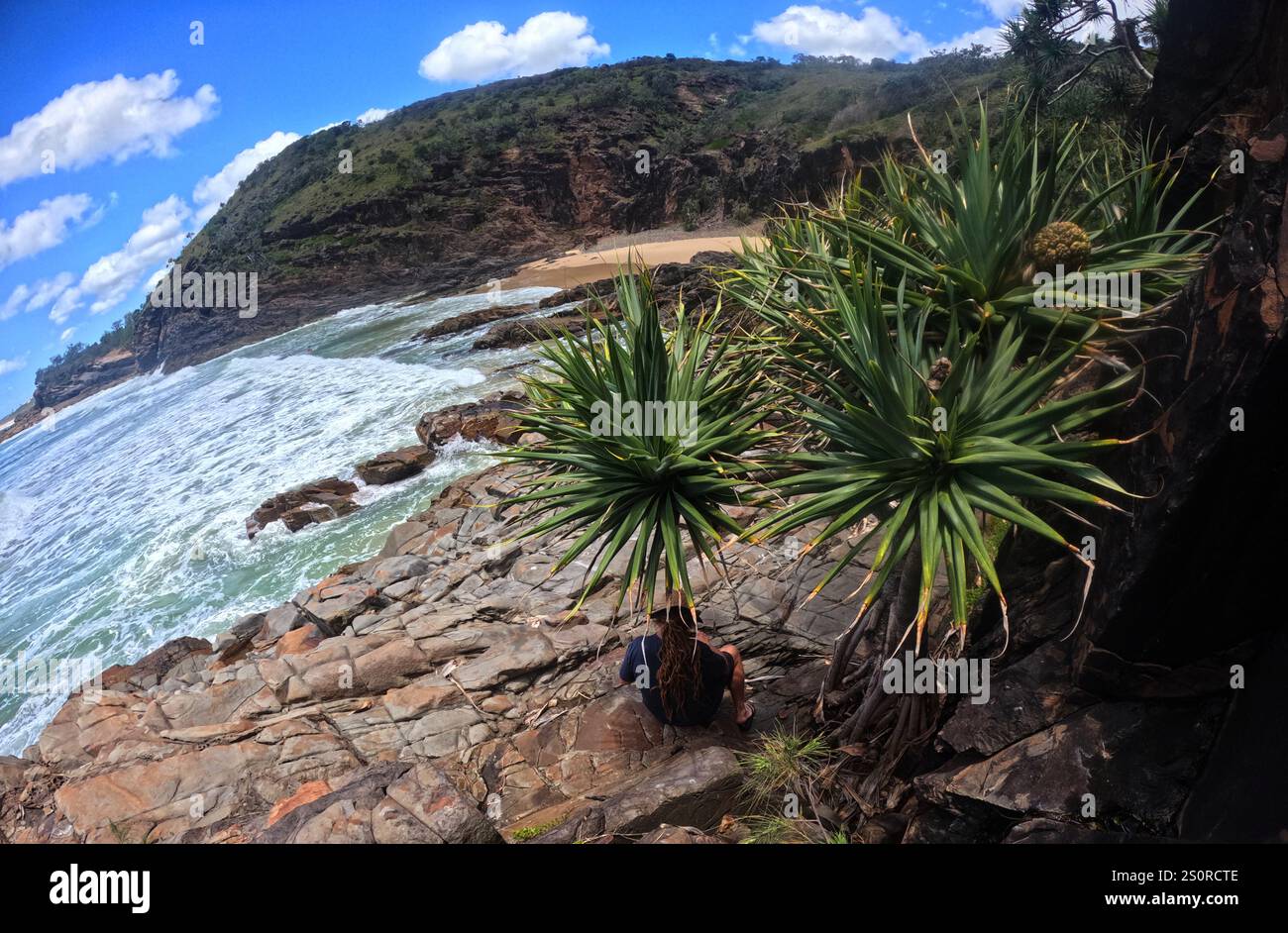 En regardant vers une plage isolée, le parc national de Noosa, Queensland, Australie. Non M. Banque D'Images