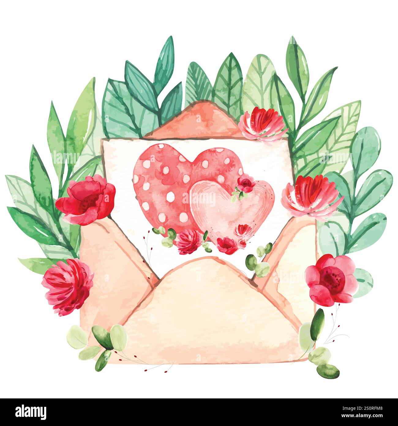 Valentines lettre florale aquarelle avec enveloppe et coeur à l'intérieur, scellé avec coeur, livré avec amour Illustration de Vecteur