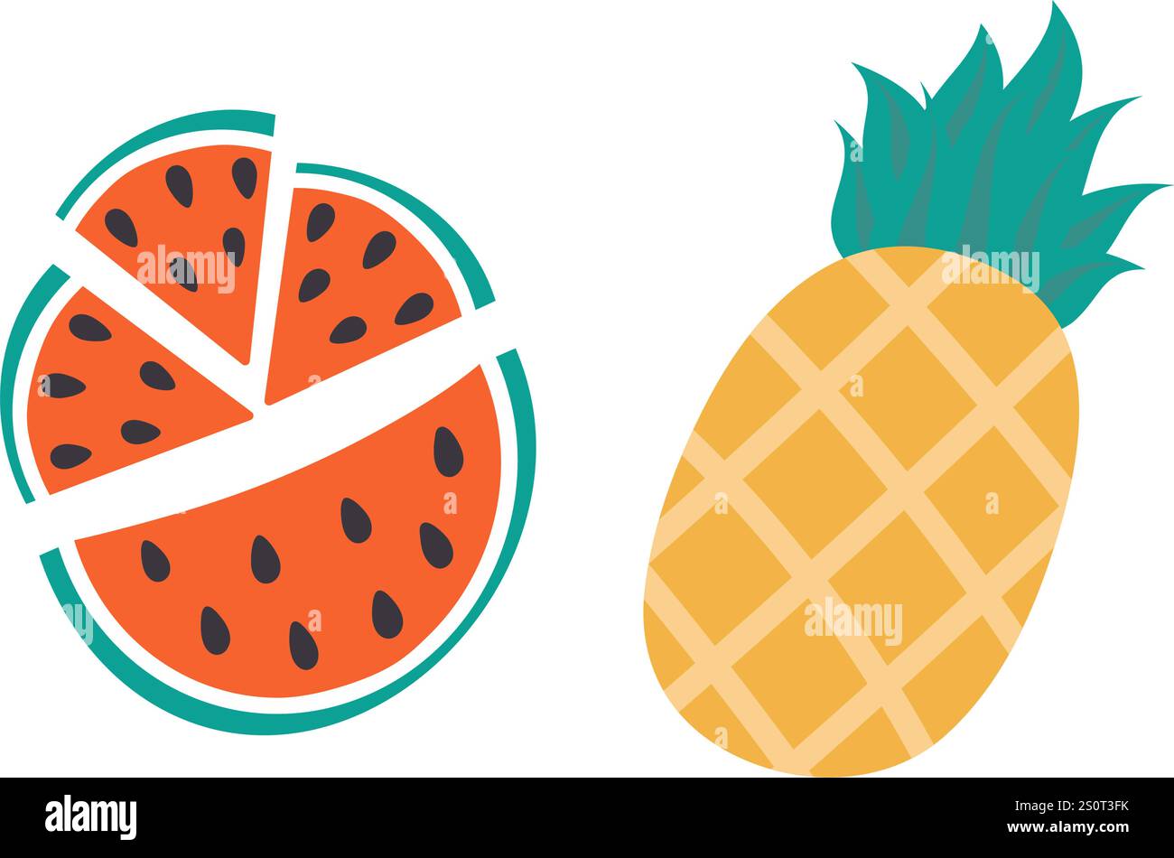 Diverses tranches de pastèque avec des graines et ananas avec des feuilles dans la tendance doodle minimaliste set 2 icône. Illustration vectorielle isolée cartes thématiques ou bannières promotionnelles web, dépliants, brochure, prix, étiquette Illustration de Vecteur