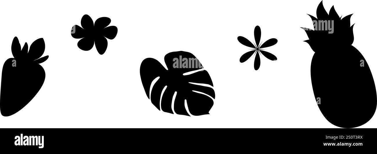 Fraise, Monstera feuille, ananas et fleur abstraite silhouettes fruits tropicaux et ensemble de plantes 5. Illustration vectorielle isolée cartes thématiques, affiches, prix, étiquette ou bannière promo web, dépliants Illustration de Vecteur