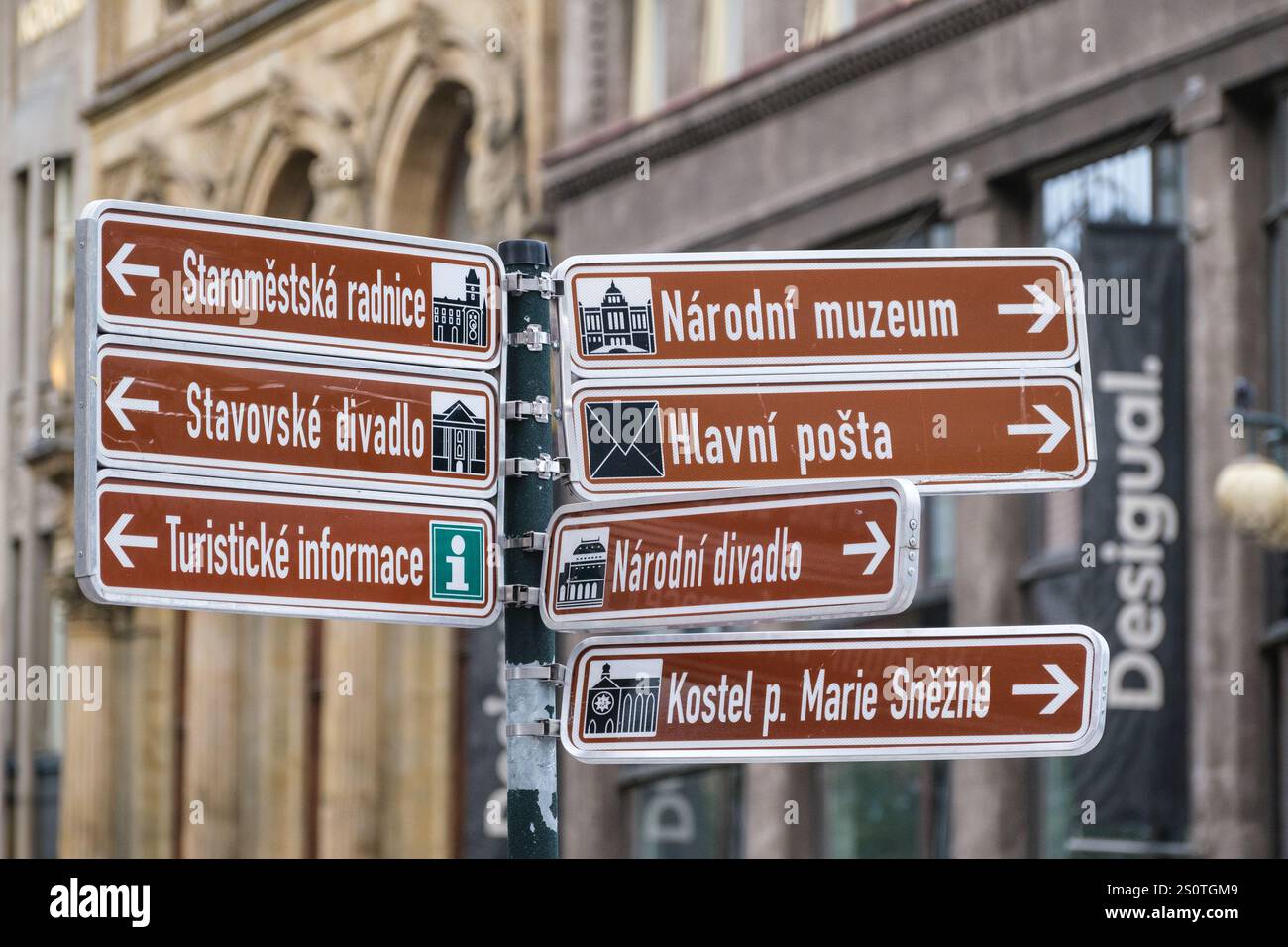 Les panneaux indiquant les points d'intérêt sont en tchèque. Prague, République tchèque, Tchéquie. Banque D'Images