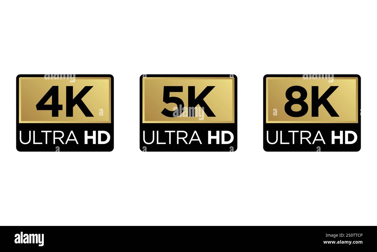 Golden 8K, 4K, 5k Ultra HD Video Resolution logo ; étiquette d'affichage de moniteur d'écran de télévision / jeu haute définition Illustration de Vecteur