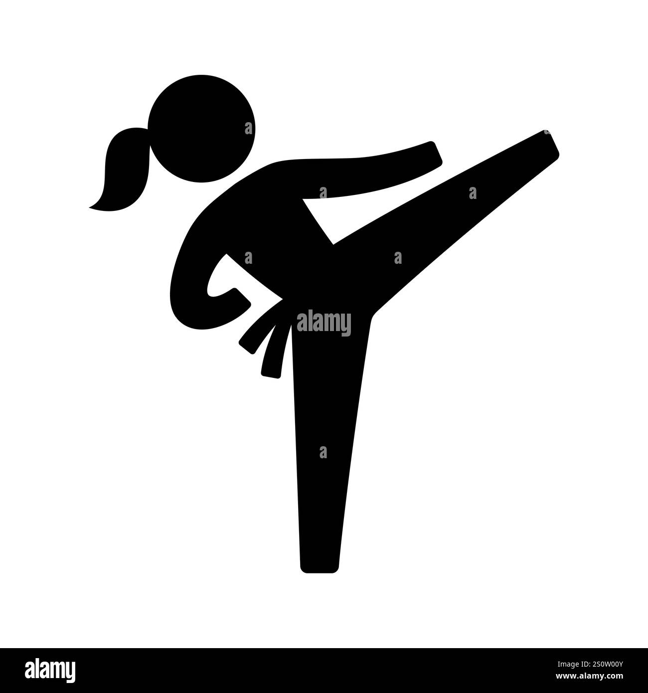 Icône des arts martiaux féminins. Silhouette Karaté ou Taekwondo High Kick. Simple bâton figure femme contour, illustration vectorielle noir et blanc. Illustration de Vecteur