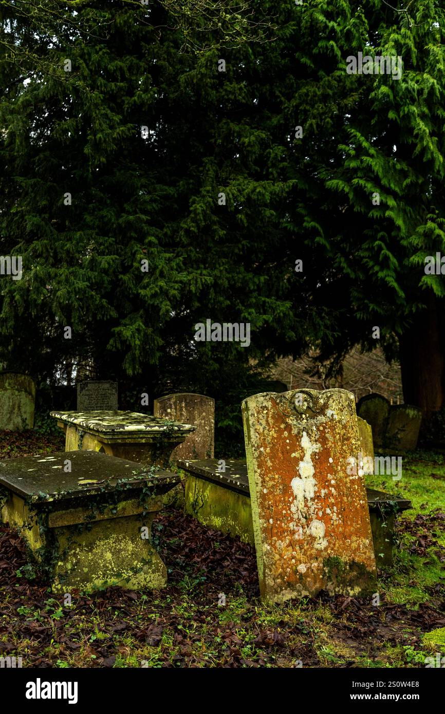 Pierres tombales couvertes de lichen, église St Briavels, forêt de Dean, Gloucestershire. Banque D'Images