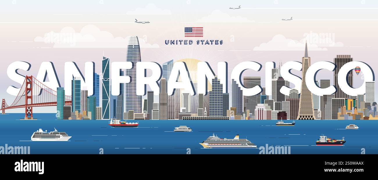 Illustration vectorielle colorée de la skyline de la ville de San Francisco. Affiche de voyage Illustration de Vecteur