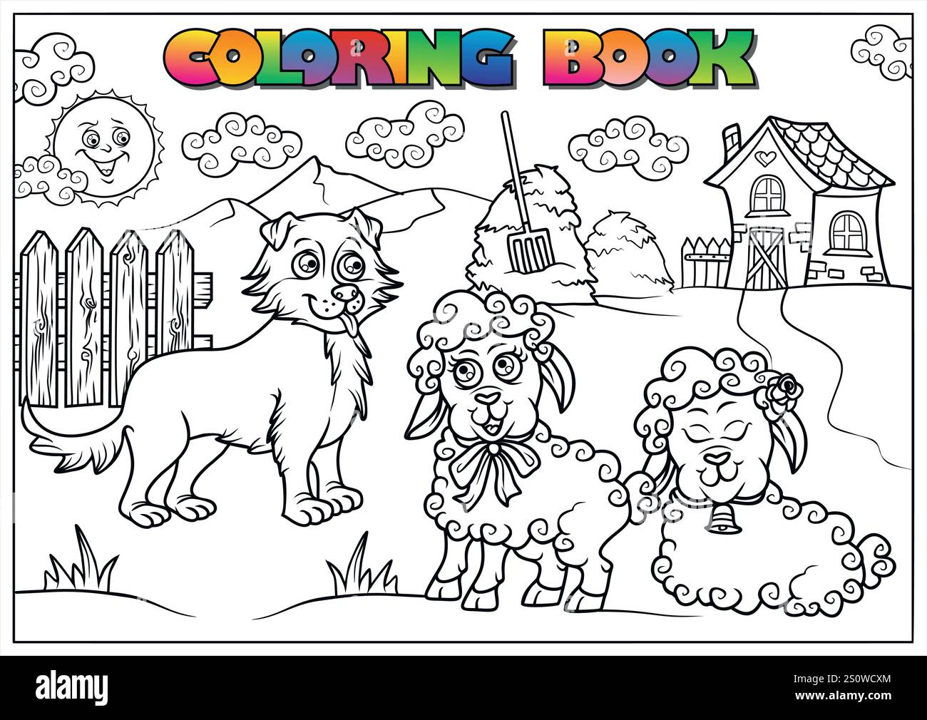 Chien joyeux regardant deux agneaux dans une scène de ferme, d'un livre de coloriage pour enfants. Illustration de Vecteur