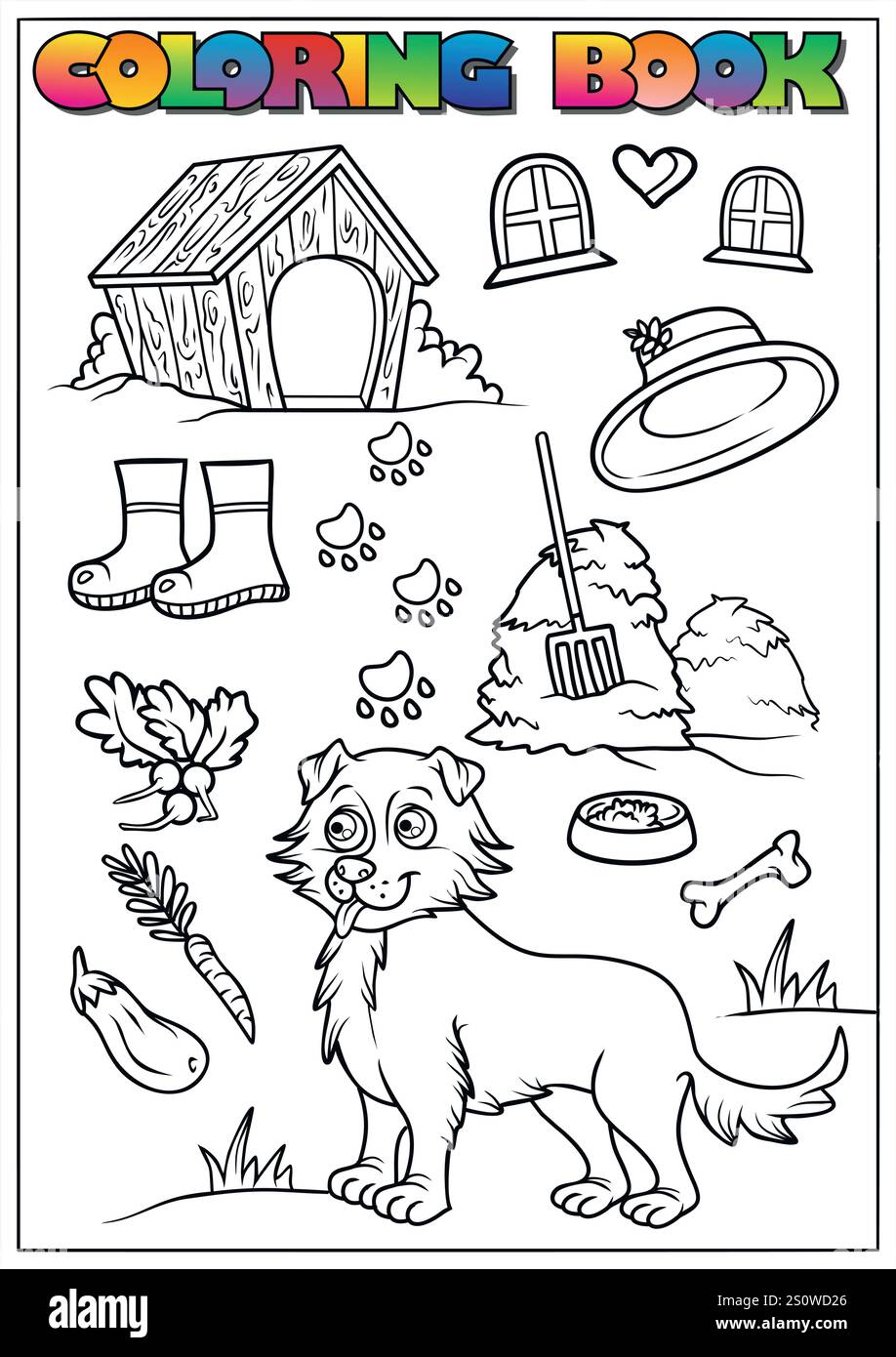 Illustration en noir et blanc d'un chien heureux avec divers objets liés à sa vie, idéal pour un livre de coloriage pour enfants. Illustration de Vecteur