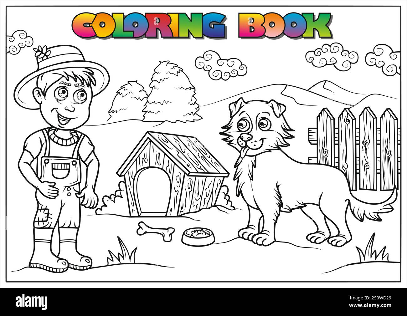 Illustration en noir et blanc d'un fermier et de son chien près d'une niche, prête à être colorée, parfaite pour les livres d'activités pour enfants. Illustration de Vecteur