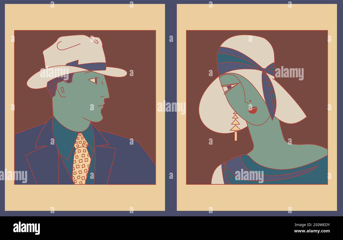 Ensemble de portraits pour affiche classique de style des années 20 avec dame rétro et gentleman, illustration vectorielle Illustration de Vecteur