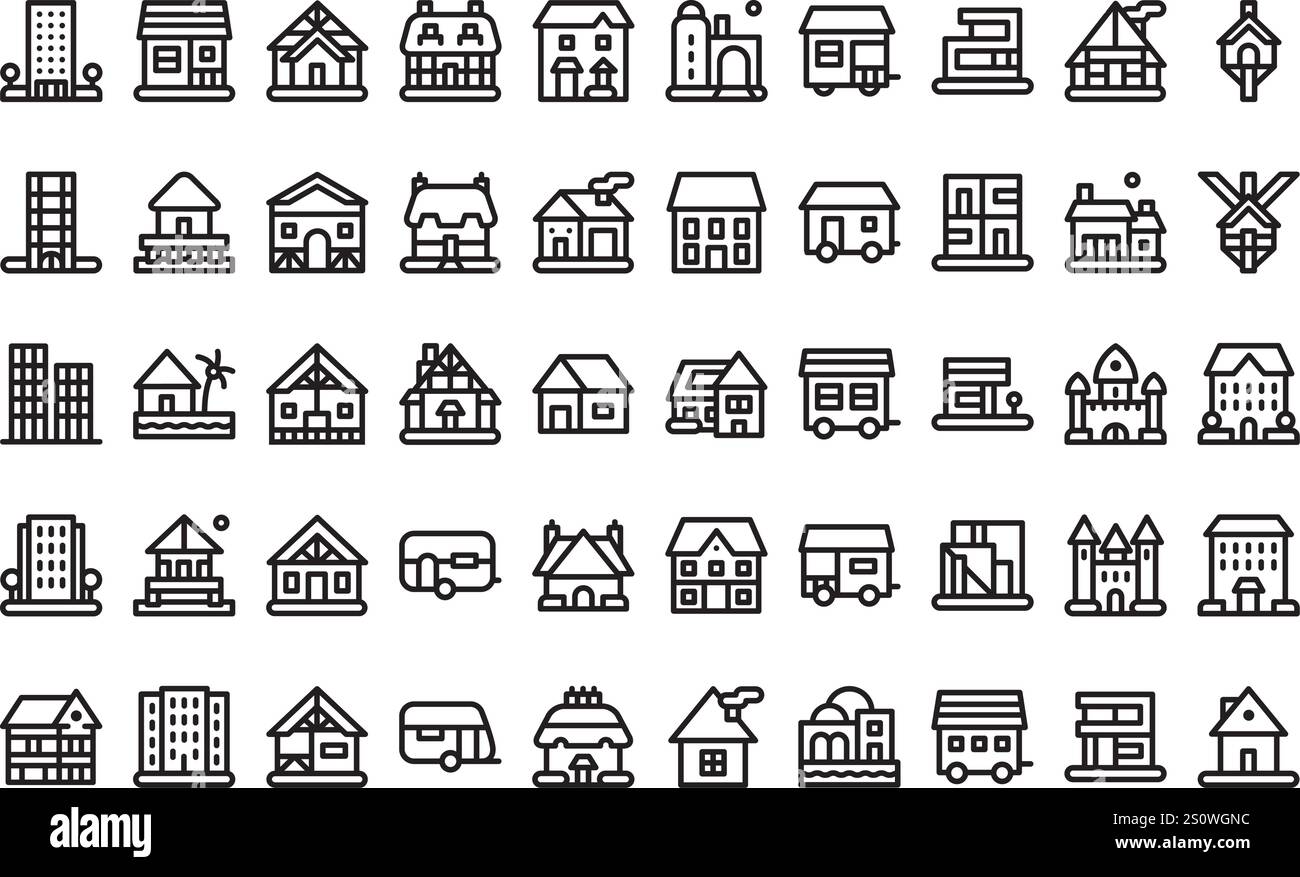 Types d'icônes de maisons Collection d'icônes vectorielles de haute qualité avec Stroke modifiable. Idéal pour les projets professionnels et créatifs. Illustration de Vecteur