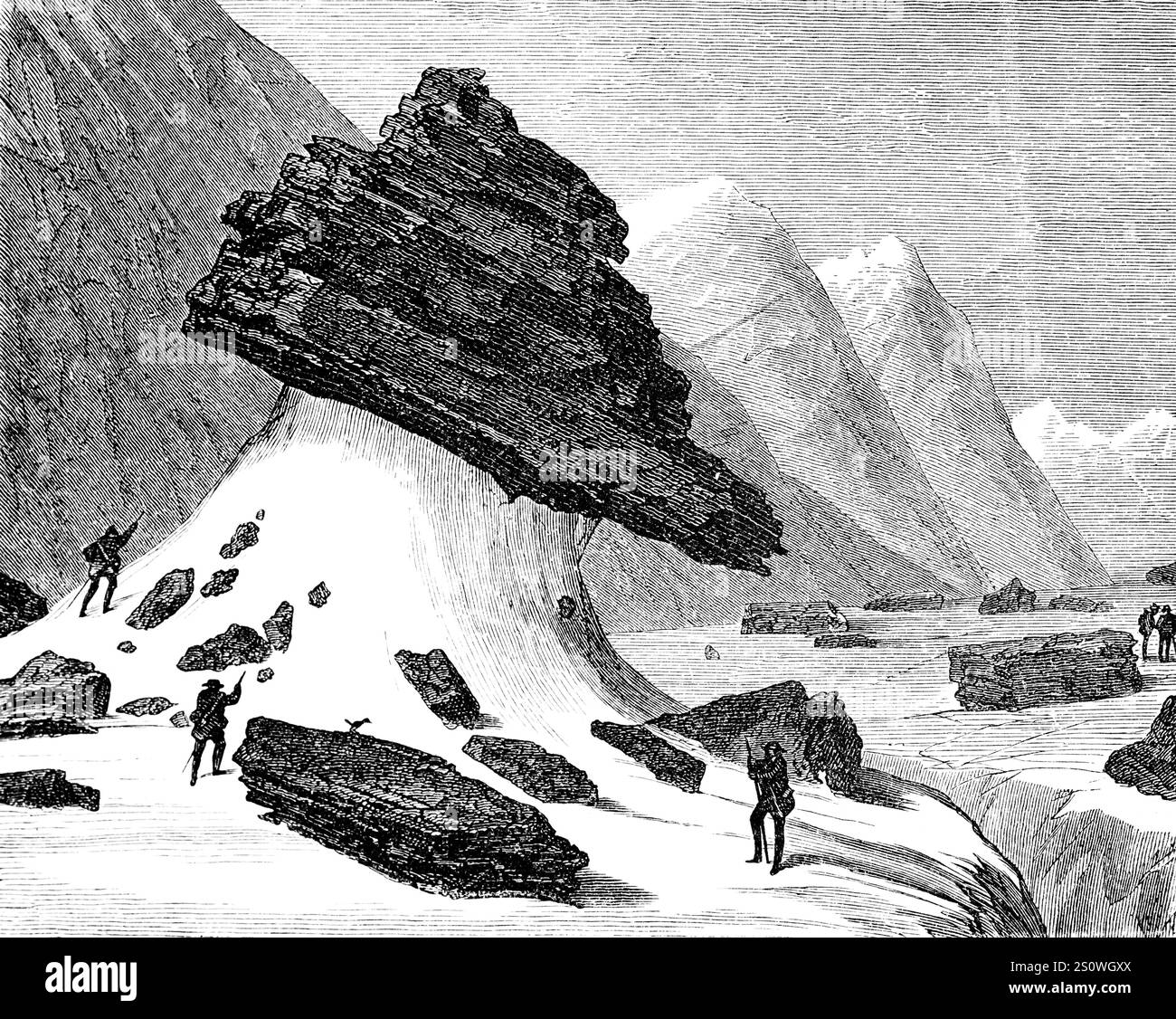 Bloc de granit erratique sur le glacier Aar dans la vallée près de Gittannen, rocher erratique ou corps étranger, géologie, Alpes, haute montagne, rocher, randonneur, Banque D'Images