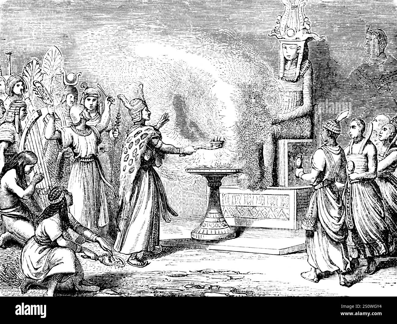 Rite de sacrifice des prêtres en Egypte, débutants de la société humaine, cérémonie en l'honneur de la divinité, culte, feu avec offrande, trône, culte, son Banque D'Images