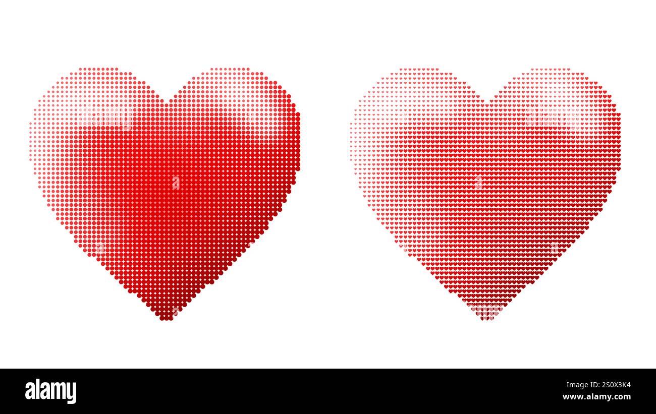 Deux coeurs demi-teintes rouges sur fond blanc. L'un est fait de points, l'autre de petits coeurs. Symbole de l'amour et de la Saint-Valentin. Deux coeurs vibrants. Banque D'Images