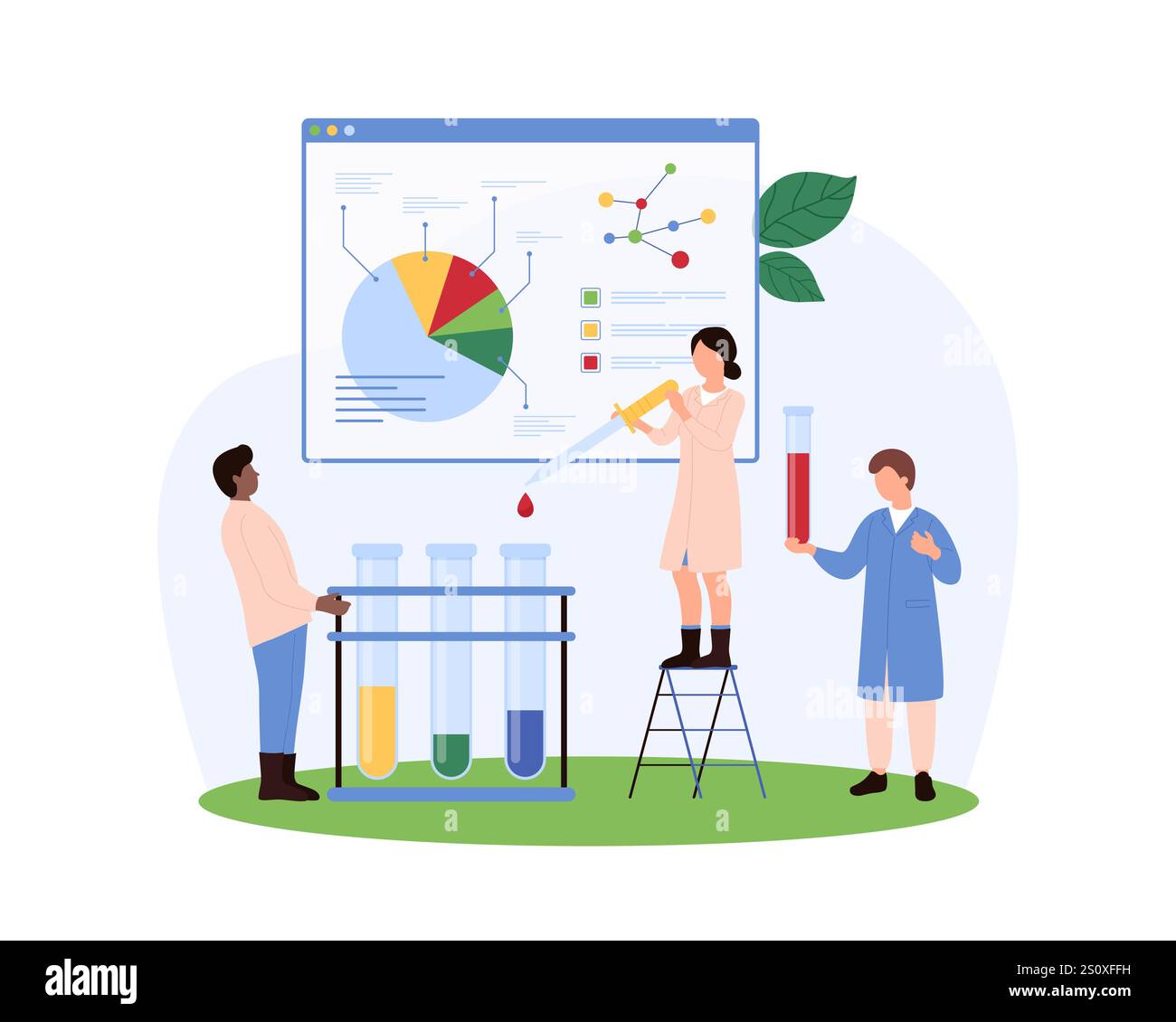 Les scientifiques réalisent des expériences et analysent les résultats, en utilisant des tableaux et des graphiques pour interpréter les données et prendre des décisions éclairées en laboratoire Illustration de Vecteur