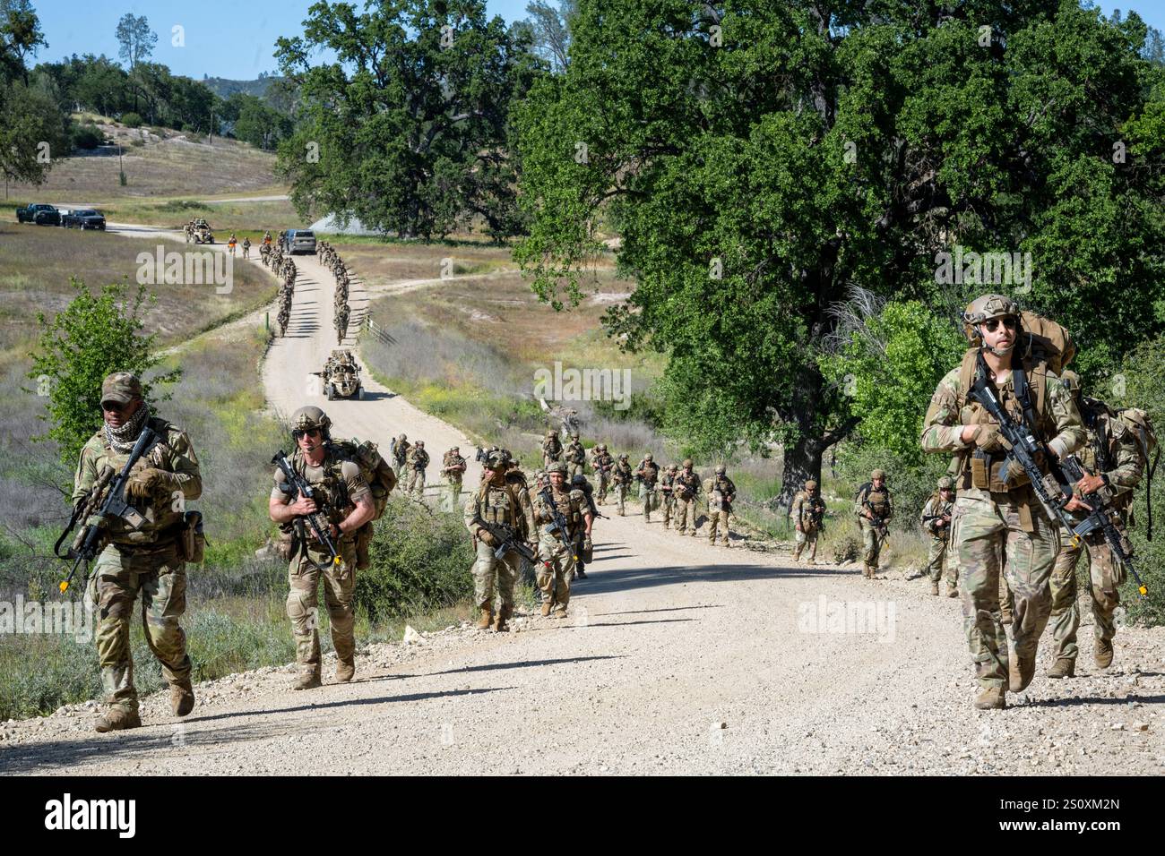 Les aviateurs du 821e Escadron d'intervention d'urgence effectuent une marche à vide lors de l'exercice HADES SENTINEL à Fort Hunter-Liggett à Jolon, Californie, le 2 mai 2024. Lors de HADES SENTINTEL, le 821st CRS a été évalué sur sa performance de défense de base dans un scénario de déploiement simulé. (Photo de l'US Air Force par le sergent d'état-major Scott Warner) Banque D'Images
