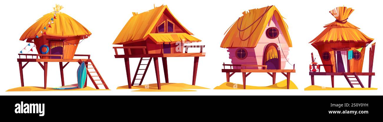 Ensemble bungalow tropical sur la plage - maisons sur pilotis au toit de chaume avec plates-formes et échelles en bois. Habitations côtières d'été avec planches de surf, drapeaux colorés, fenêtres rondes pour le design de la station balnéaire. Illustration de Vecteur