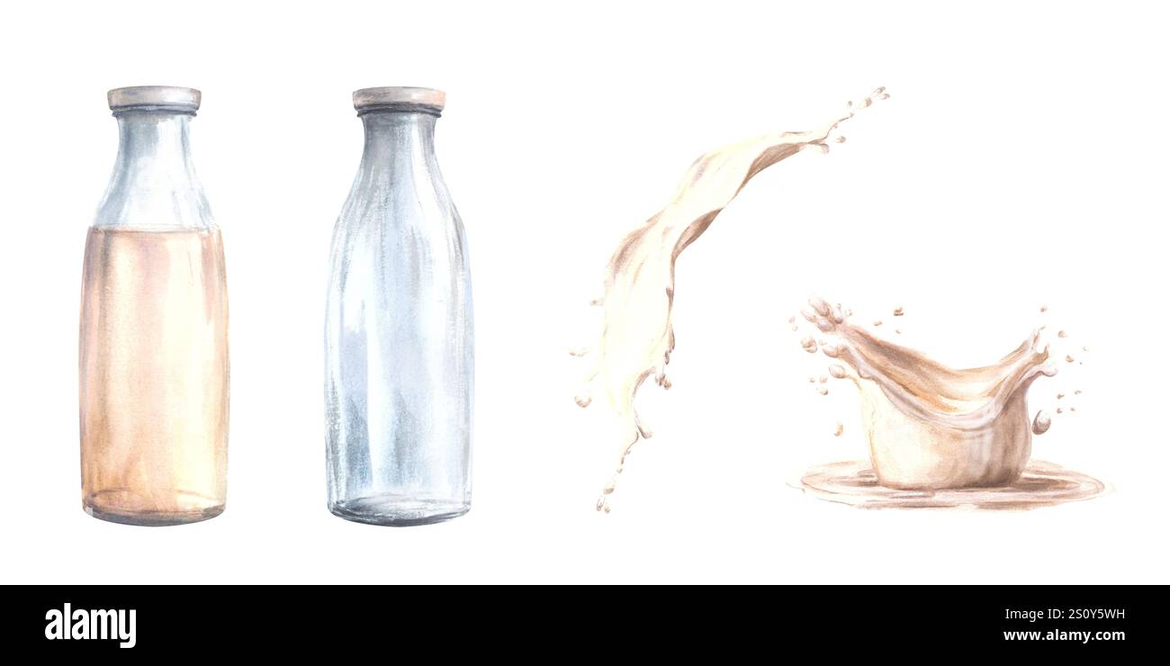 Bouteille de lait en verre avec lait coulant. Set de produits laitiers. Éclaboussures de liquides blancs, éclaboussures. Aquarelle illustration dessinée à la main. Clipart pour boisson Banque D'Images