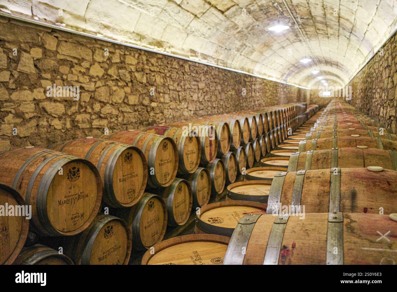 Elciego, Espagne - 28 décembre 2024 : fûts de vin dans les caves de la cave marque de Riscal, Rioja Alvesa, Espagne Banque D'Images