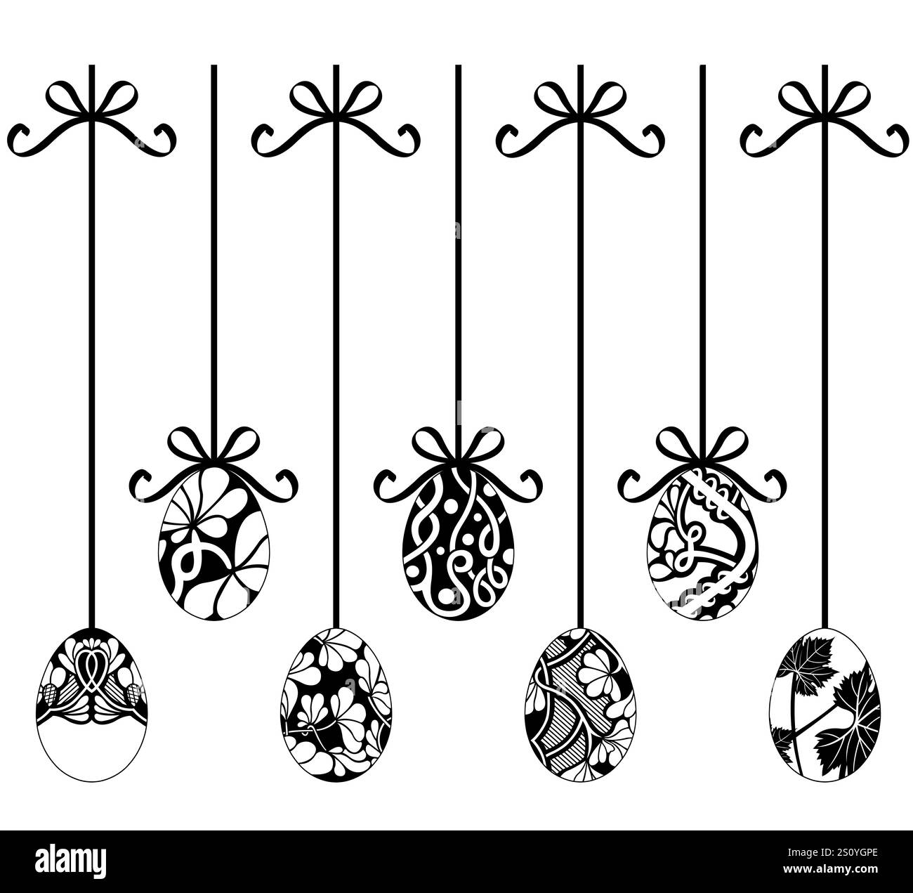 Illustration de différentes décorations suspendues d'oeufs de Pâques isolées sur fond blanc Banque D'Images