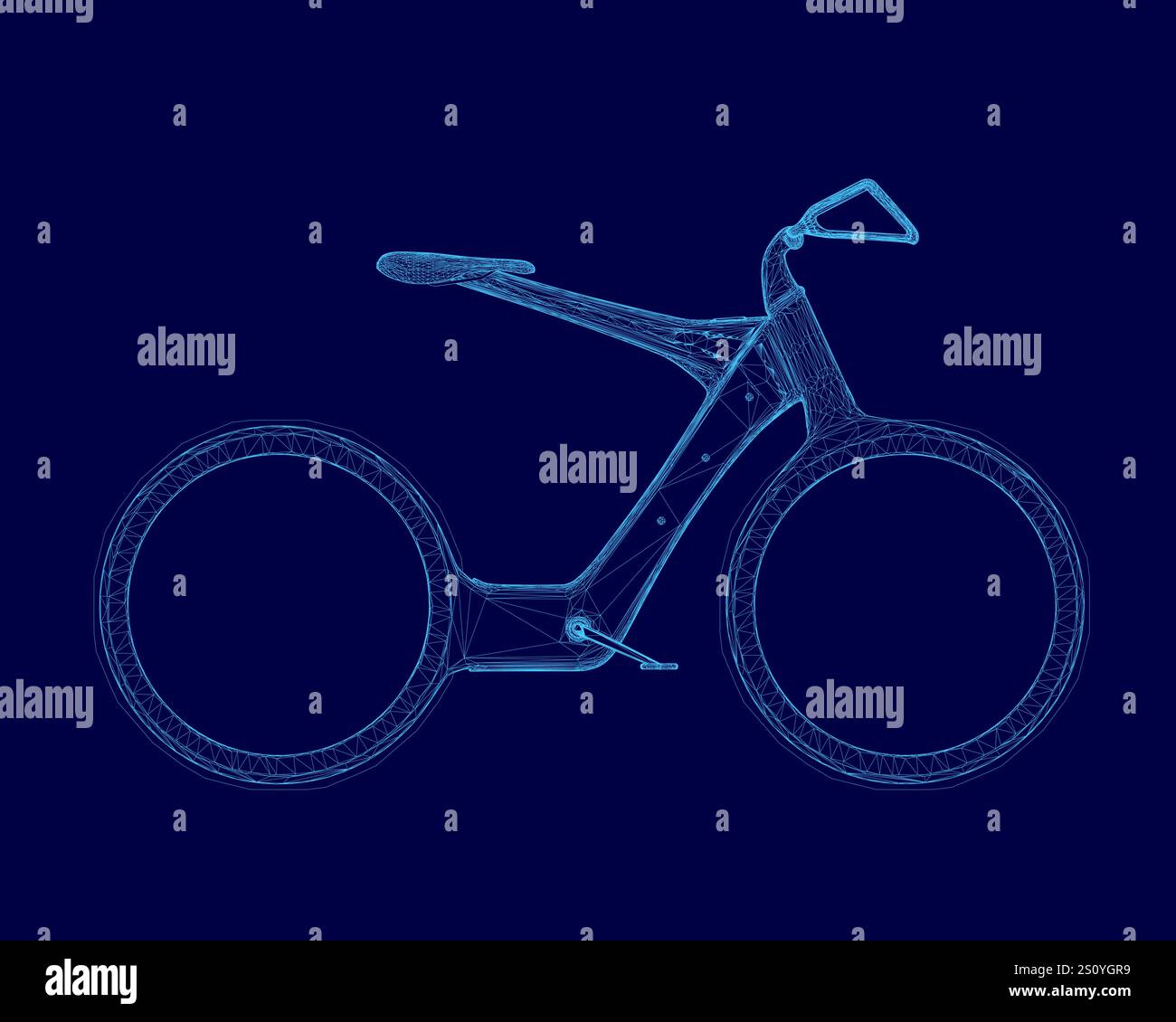 Vélo bleu avec un guidon. Le vélo est montré de manière stylisée, avec un accent sur le cadre et les roues. La scène est futuriste et épurée, avec un sens Illustration de Vecteur