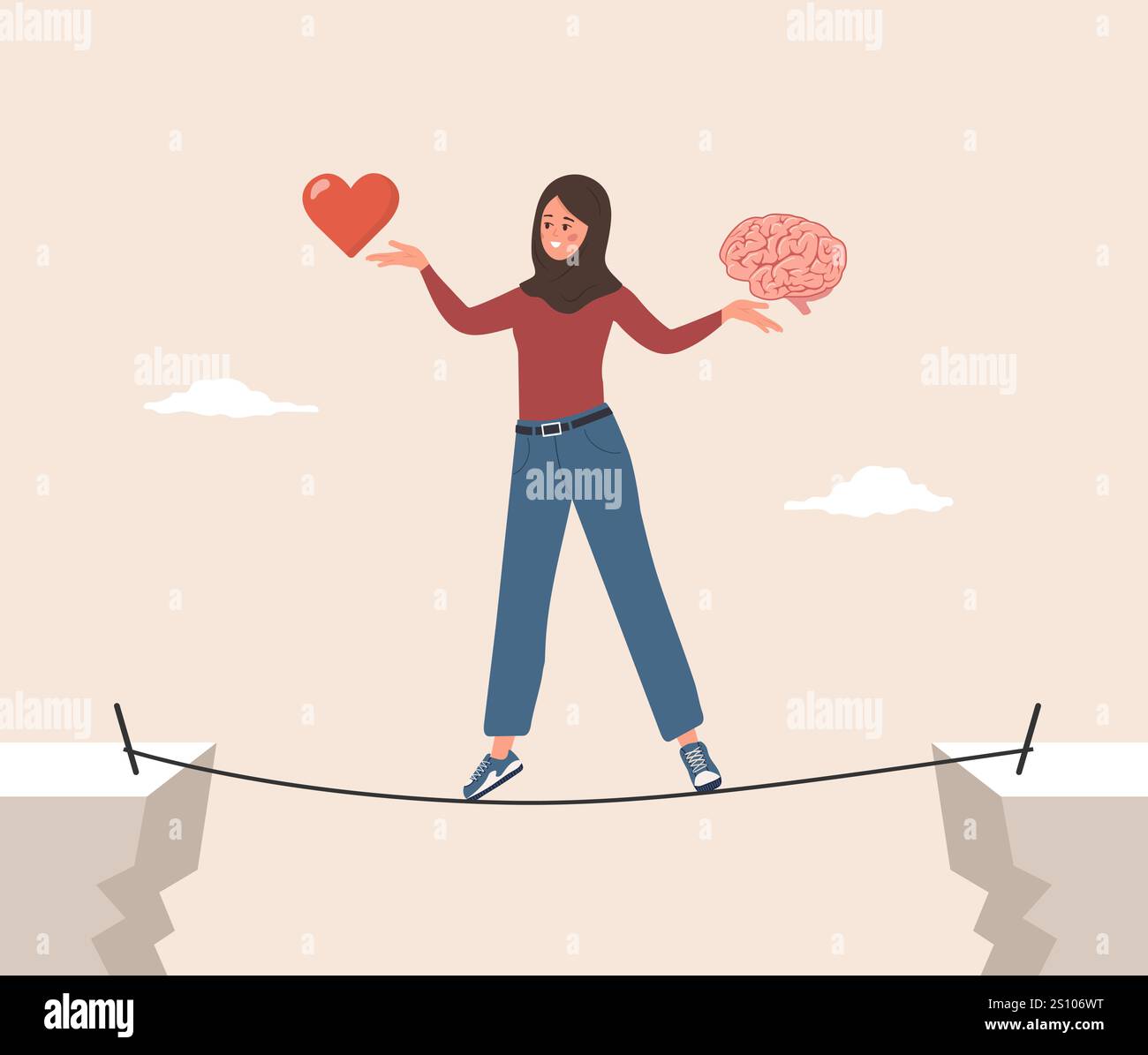 Équilibre entre le cerveau et le cœur. Concept de sentiment de contrôle et d'émotion. La femme islamique essaie d'équilibrer entre instinct et intellect. Vecteur Illustration de Vecteur