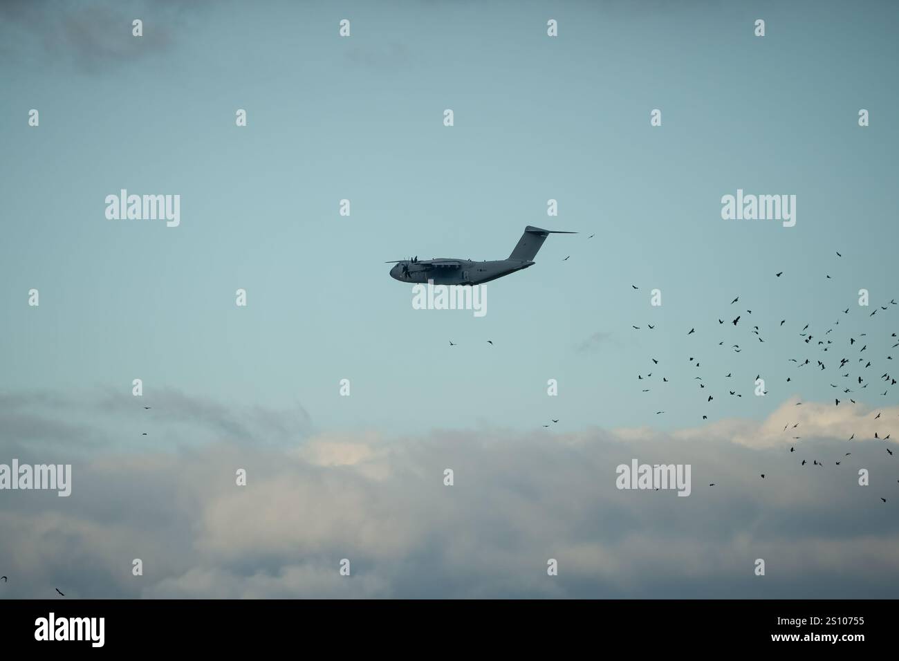 Avion de transport militaire RAF Airbus C.1 A400M Atlas en vol sur une piste de débarquement à basse altitude, Wiltshire UK Banque D'Images